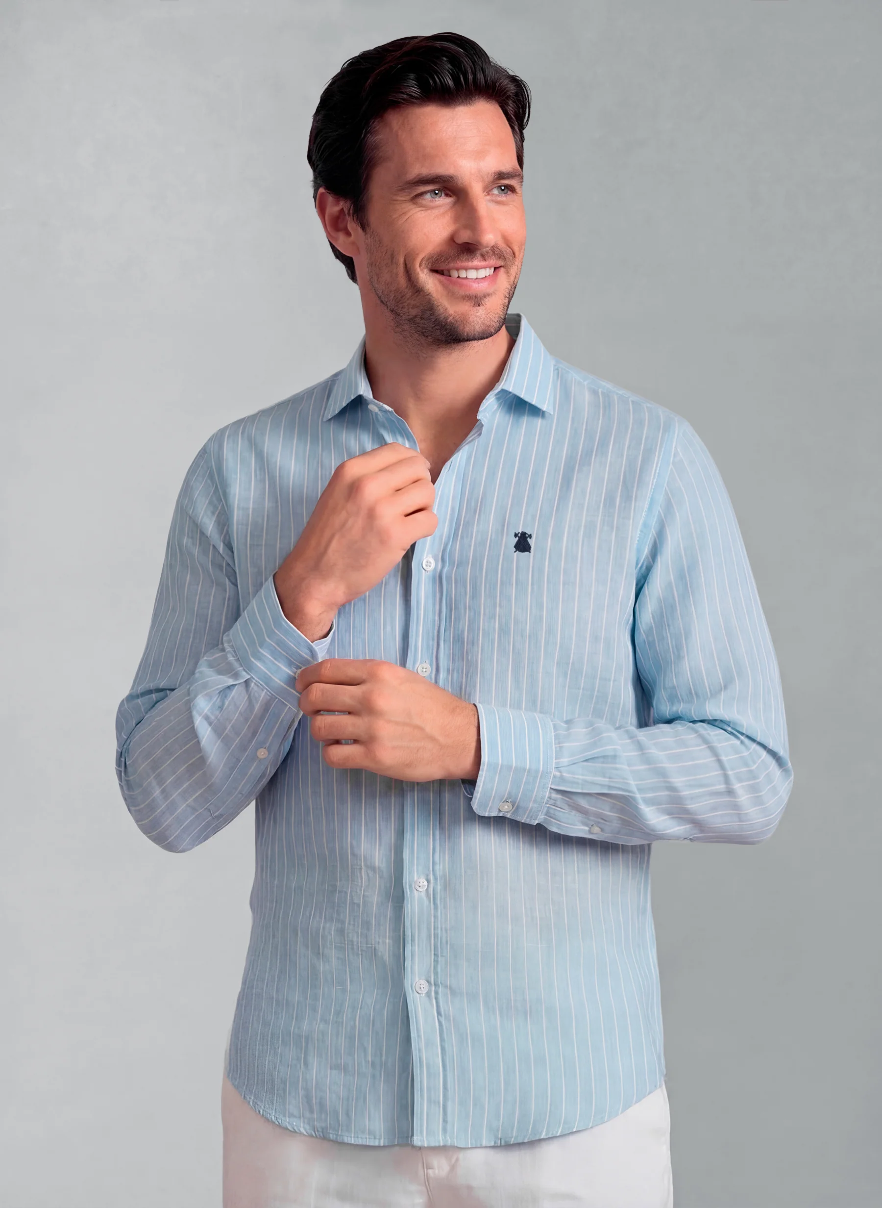 Camisa Celeste Raya Blanca Hombre
