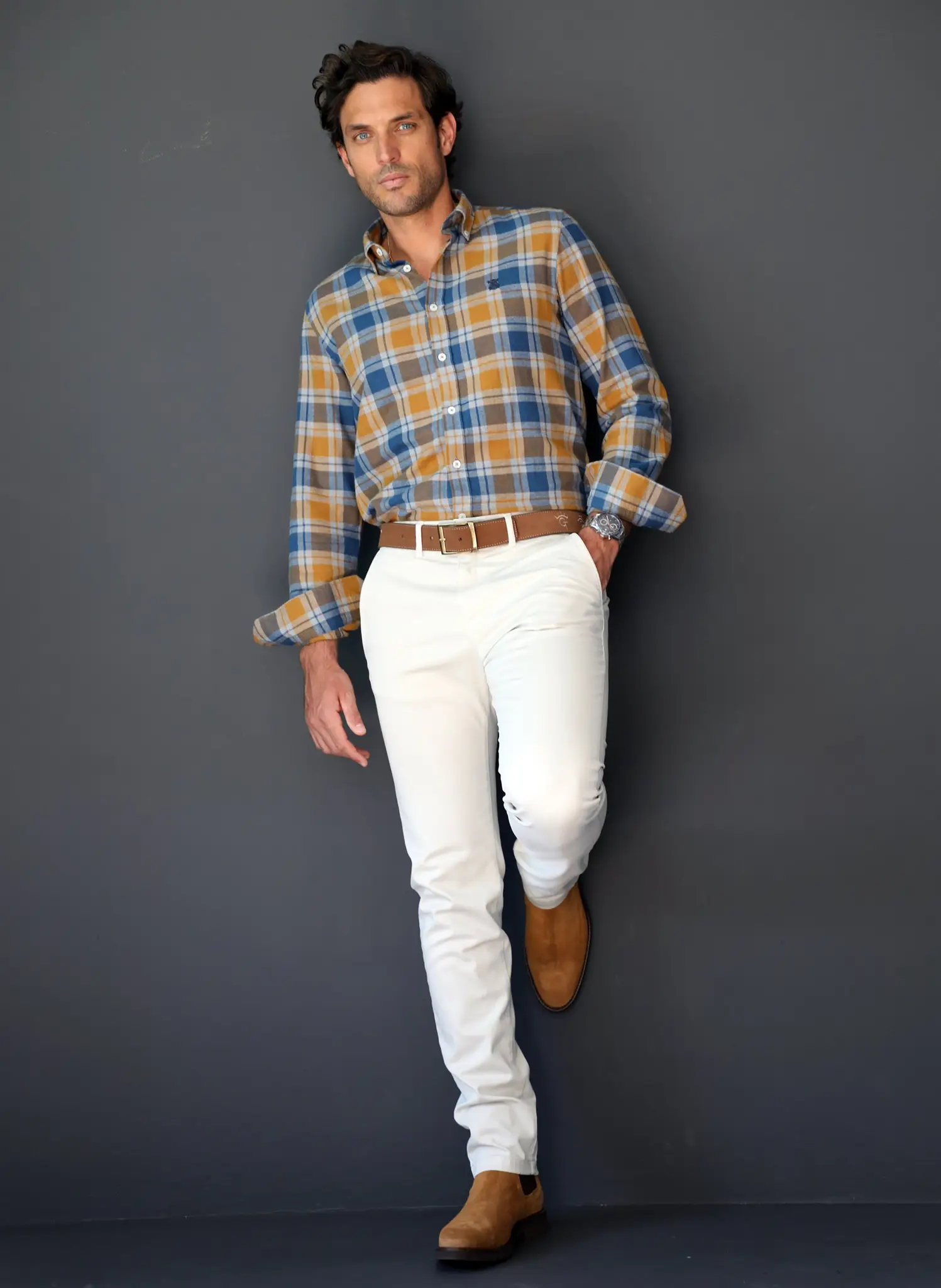 Camisa Villela Cuadros Azules/Mostaza Hombre - Image 7