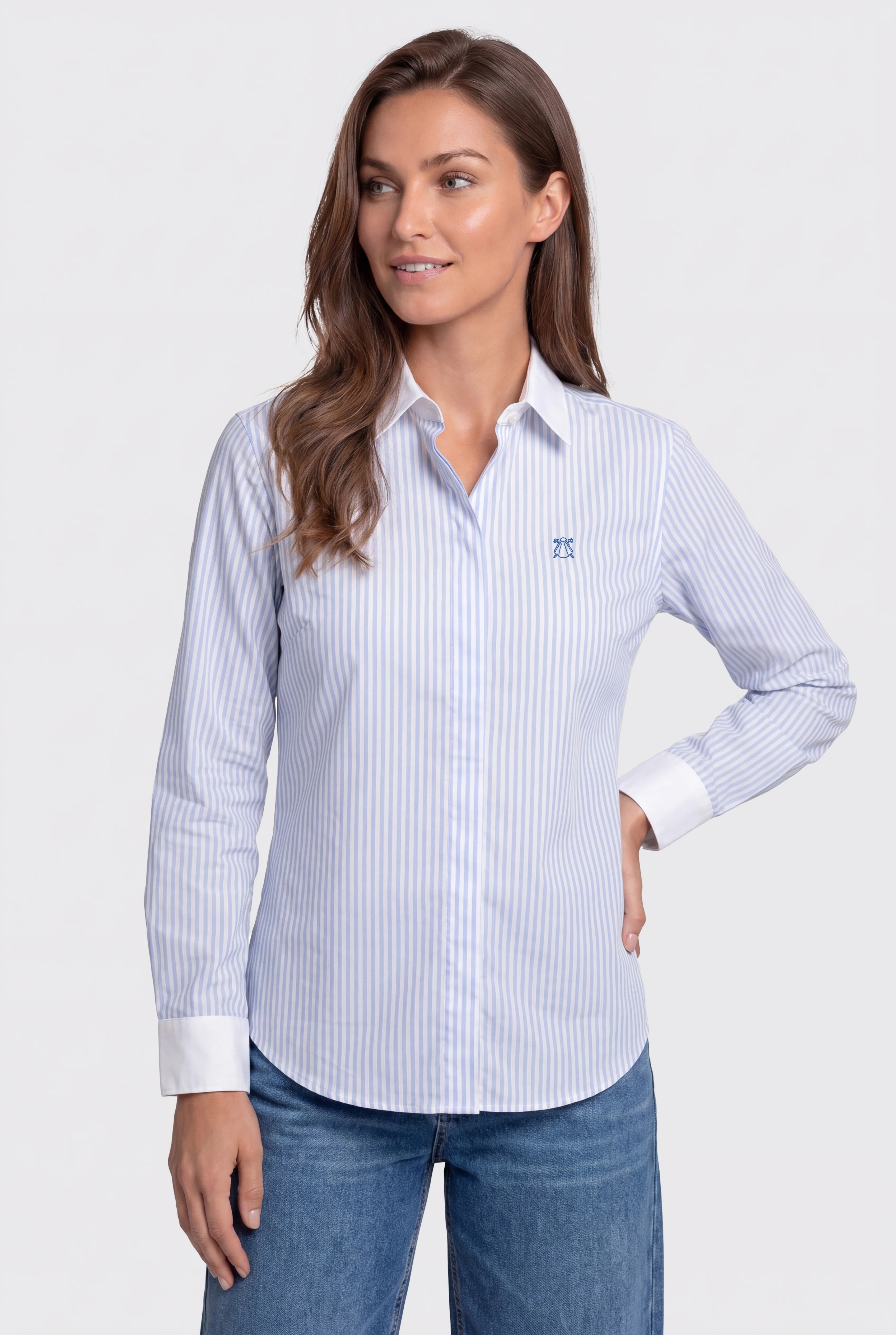 Camisa Rayas Cuello y Puños Blancos Mujer