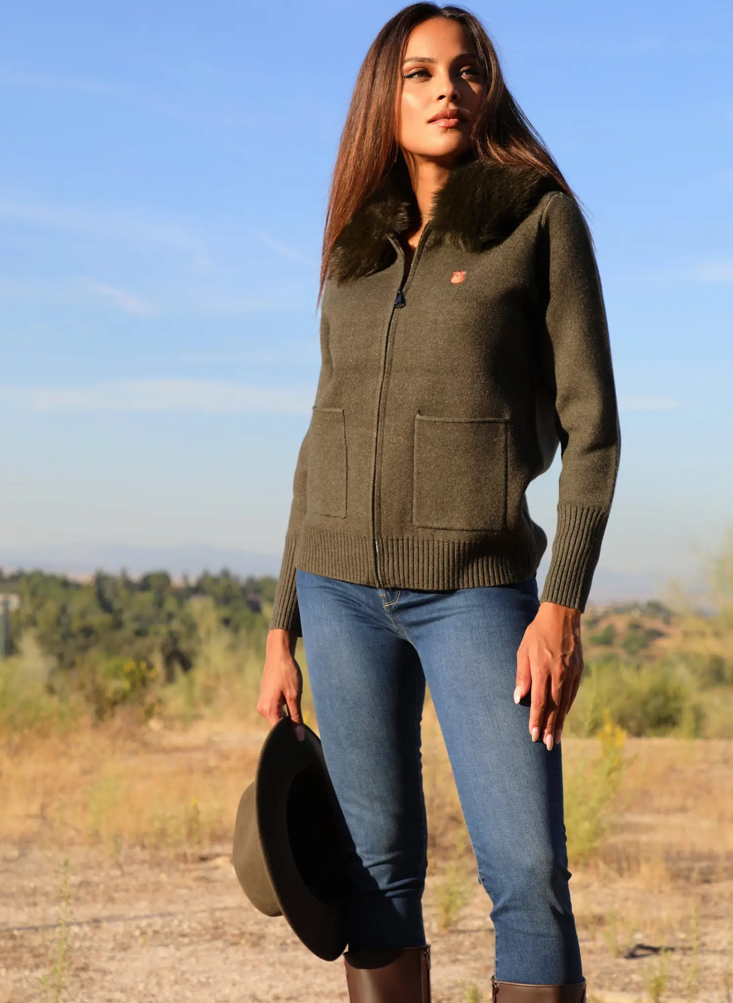 Chaqueta Verde Kaki Cuello Pelo Desmontable Mujer
