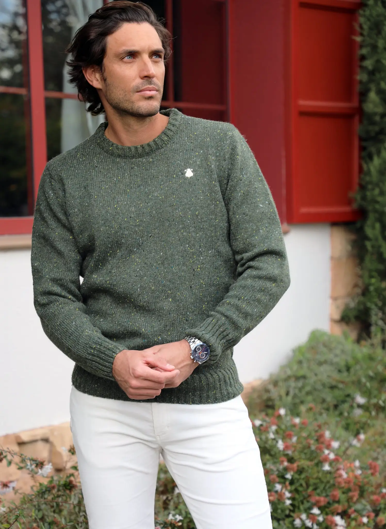 Jersey Verde Caza Jaspeado Cuello Caja Hombre