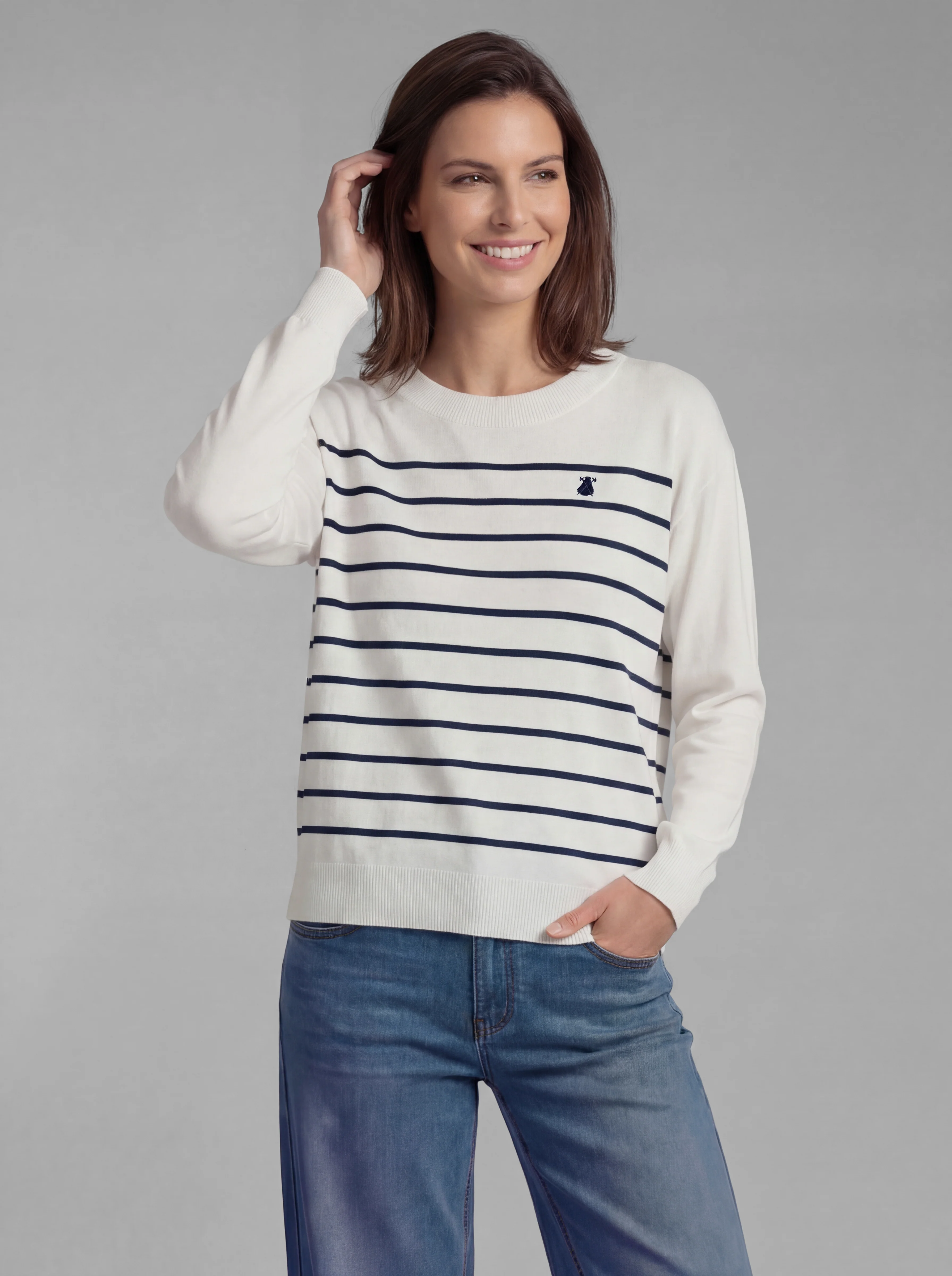 Jersey Blanco Punto Marinero Manga Larga Mujer