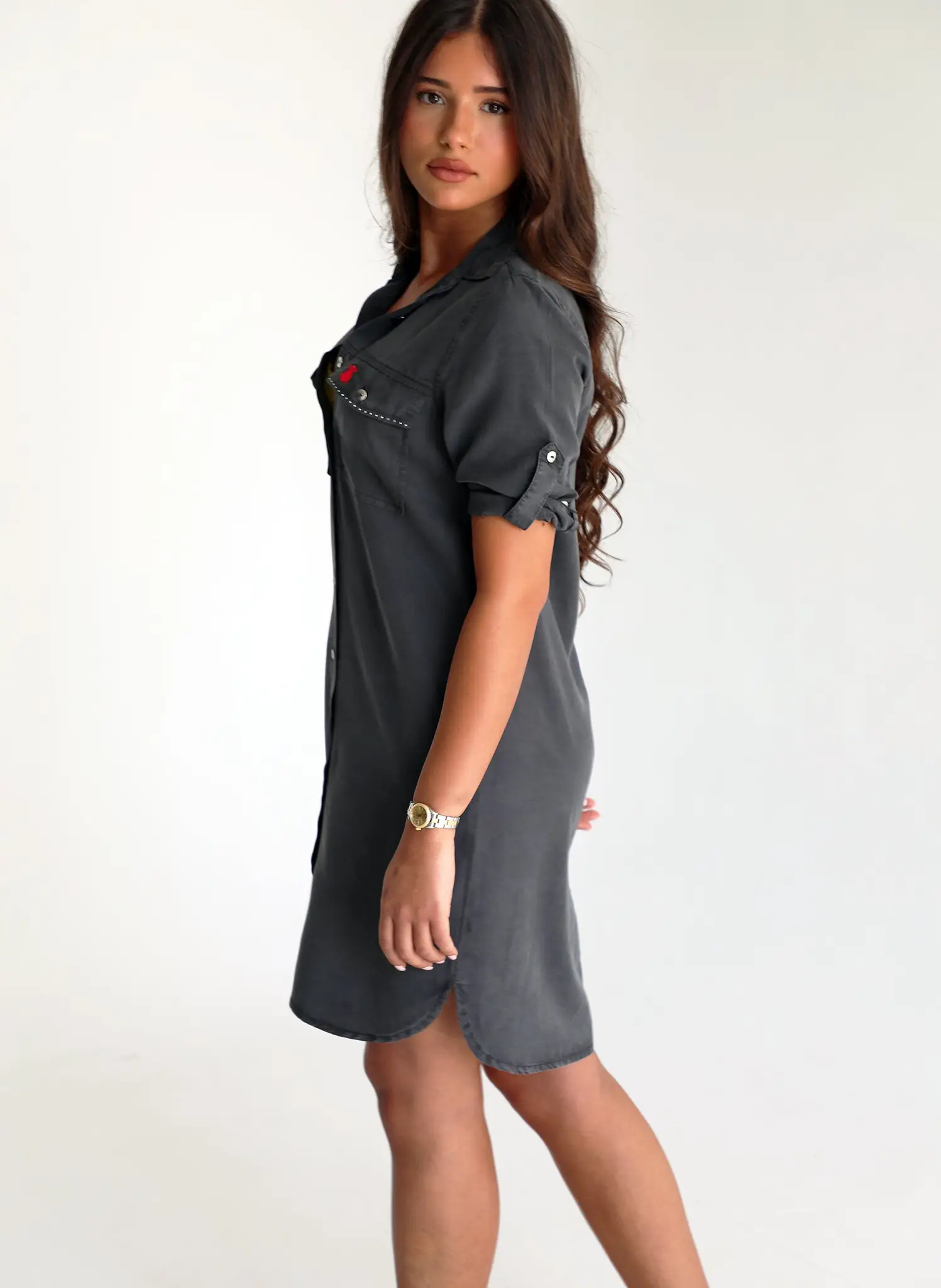 Vestido Gris Tencel Dos Bolsillos Mujer - Image 2